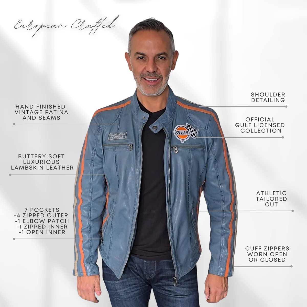 Men's Gulf Lambskin Leather Racing Jacket in Vintage Gulf Blue - Image 5
