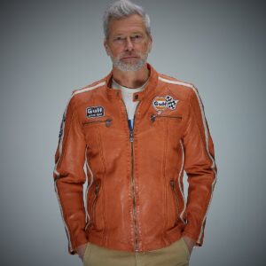 Men’s Gulf Lambskin Leather Racing Jacket in Vintage Orange